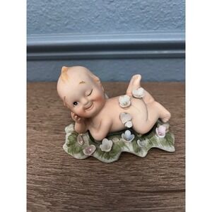 Vintage Lefton China Winking Baby Figurine KW2992B Porcelain Kewpie Flower Base